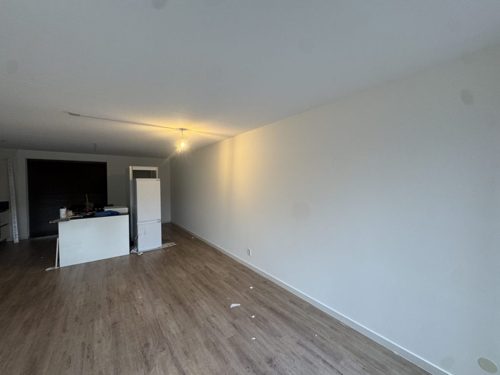 Lange woonkamer met laminaat, een keukenblok achterin en een gladde witte wand over de hele lengte